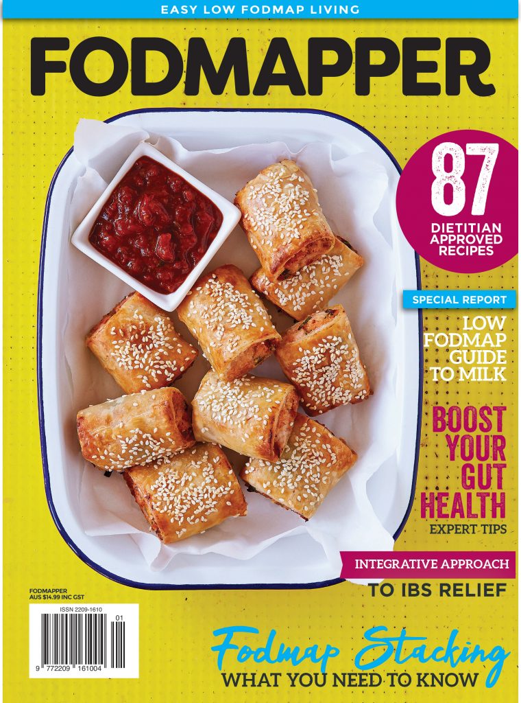 Issue 3 of FODMAPPER magazine with low FODMAP sausage rolls on a yellow background.