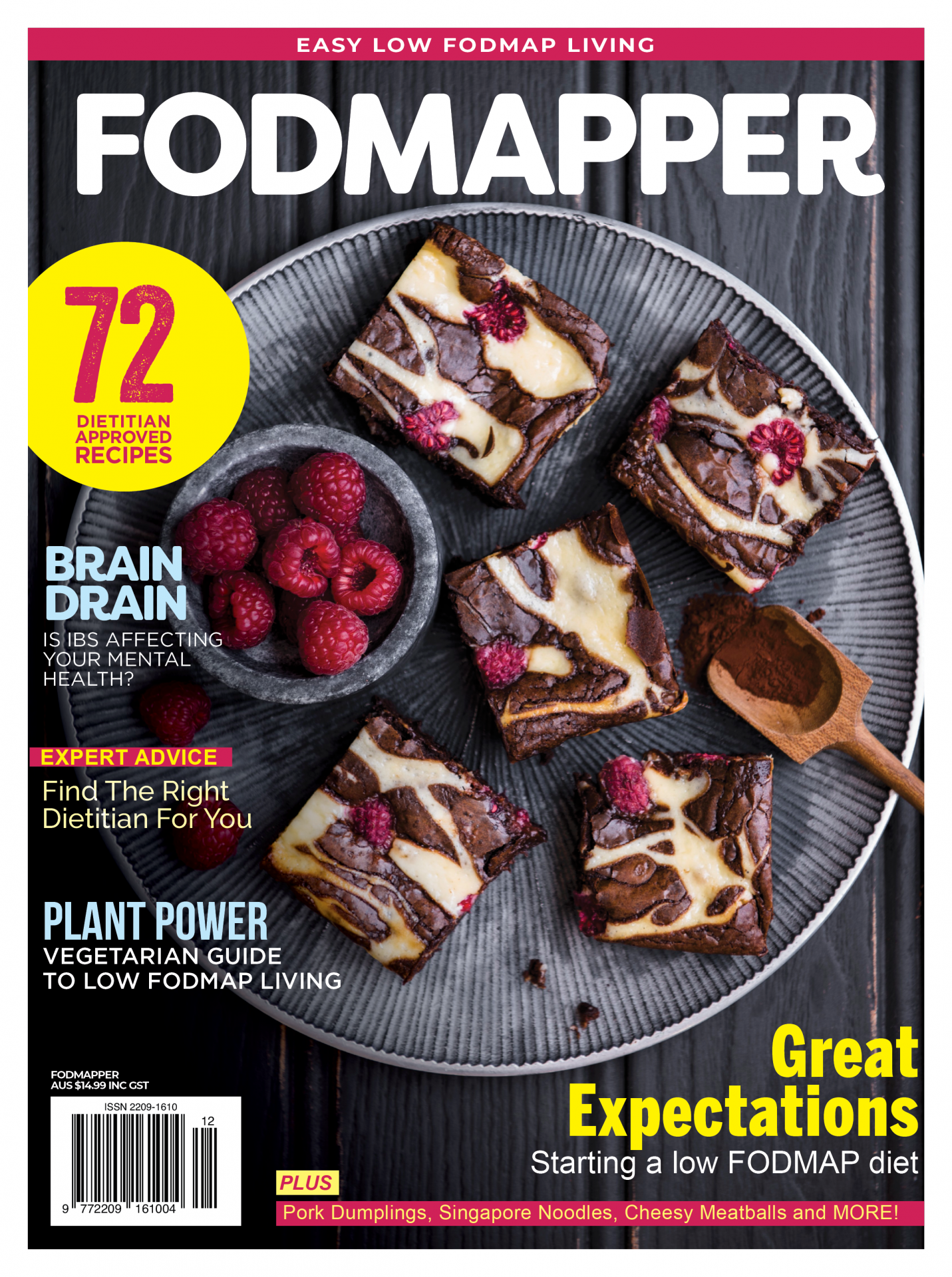 Cover of FODMAPPER magazine issue 12 featuring low FODMAP raspberry cheesecake brownies sliced on a plate.