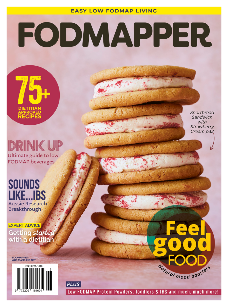 The issue 15 cover of FODMAPPER magazine feature a stack of strawberry shortbread biscuits on a pink background.